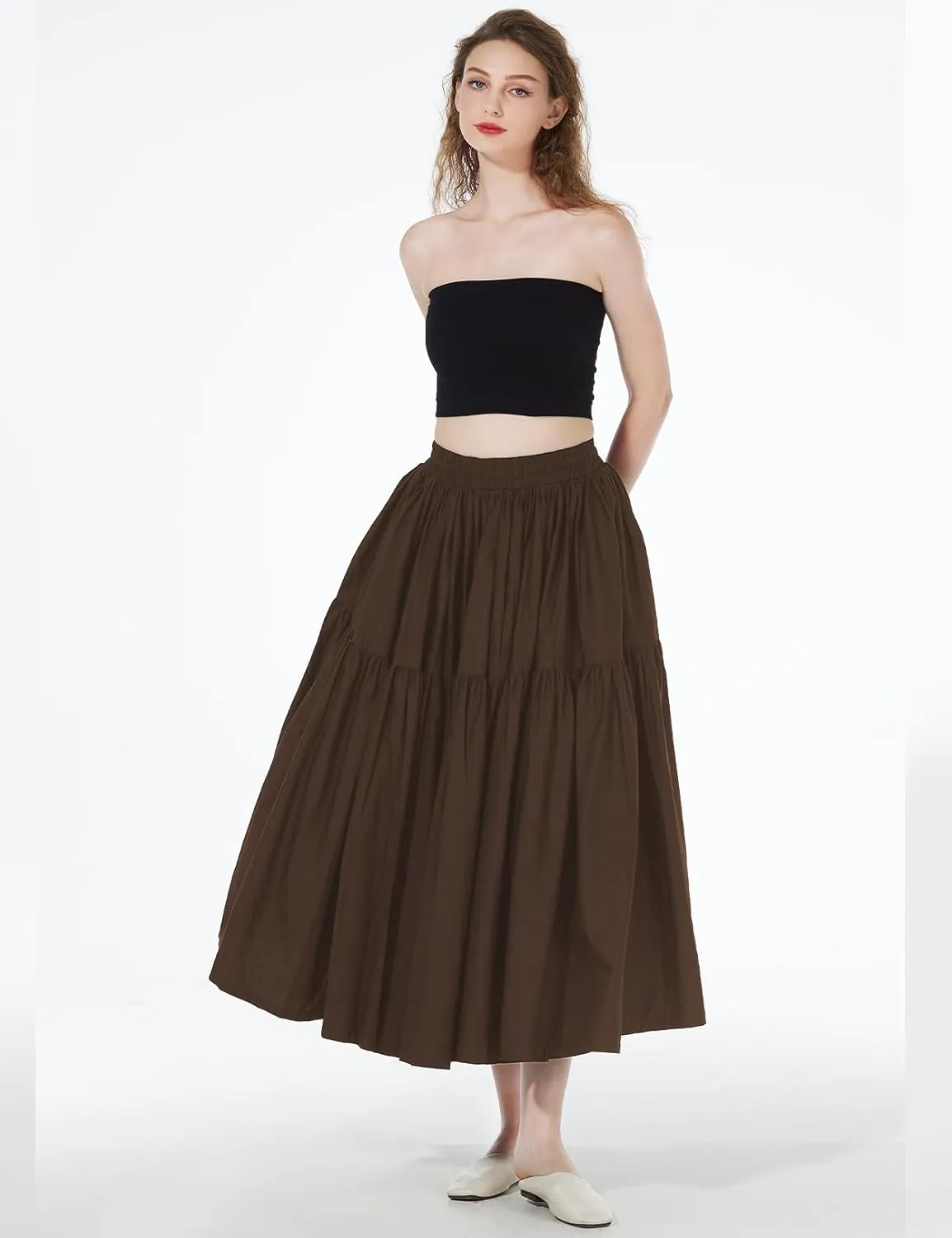 100% Cotton Women Skirt High Elastic Waist A-Line Vintage Puffy Pleated Skirt with 2 Pockets