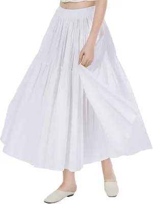 100% Cotton Women Skirt High Elastic Waist A-Line Vintage Puffy Pleated Skirt with 2 Pockets