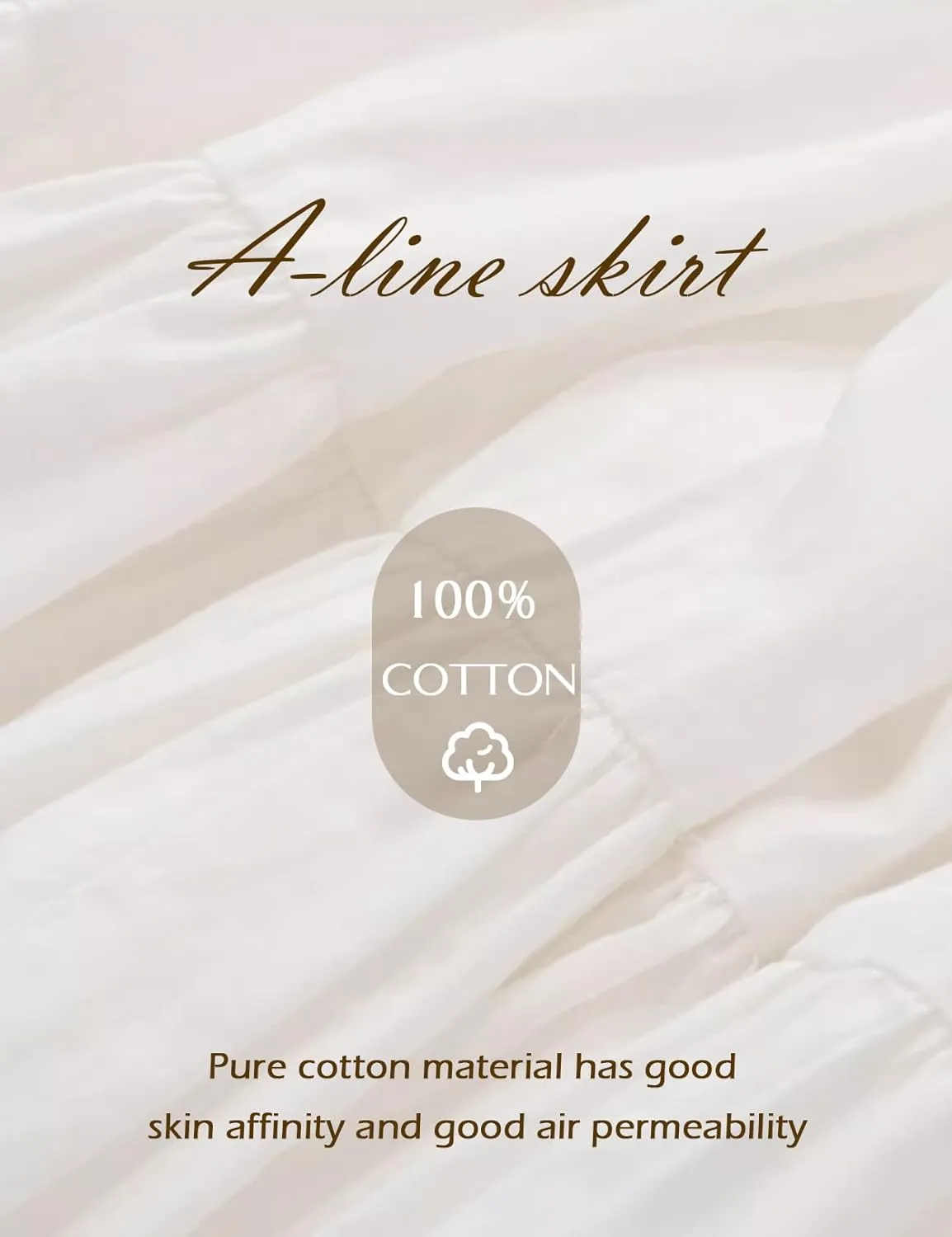 100% Cotton Women Skirt High Elastic Waist A-Line Vintage Puffy Pleated Skirt with 2 Pockets