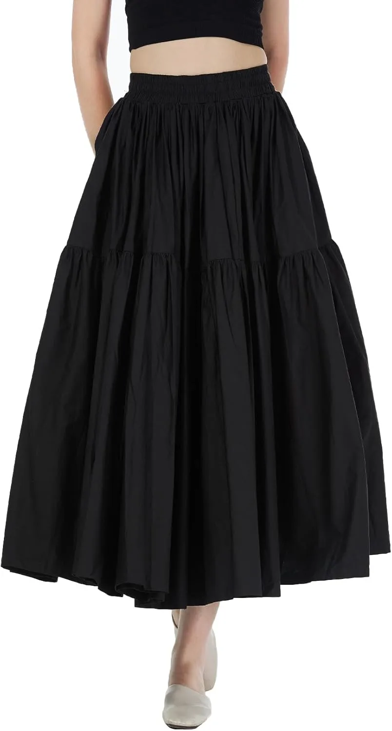 100% Cotton Women Skirt High Elastic Waist A-Line Vintage Puffy Pleated Skirt with 2 Pockets