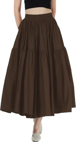 100% Cotton Women Skirt High Elastic Waist A-Line Vintage Puffy Pleated Skirt with 2 Pockets