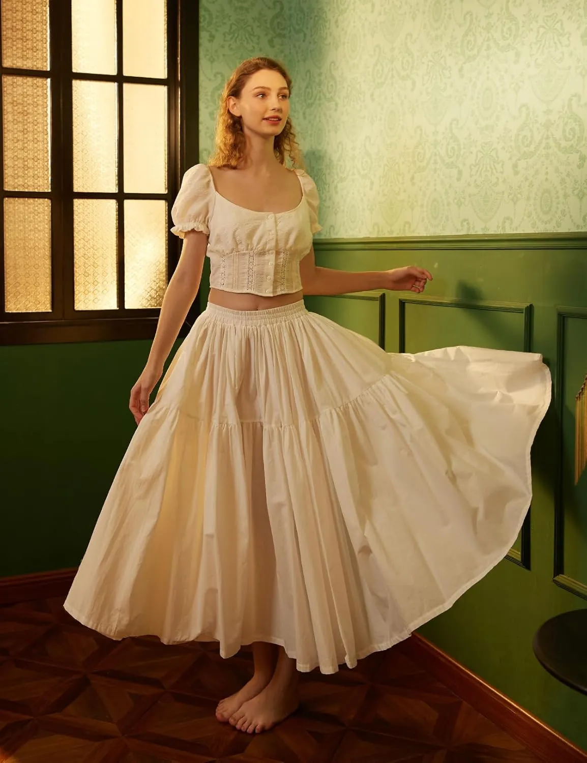 100% Cotton Women Skirt High Elastic Waist A-Line Vintage Puffy Pleated Skirt with 2 Pockets
