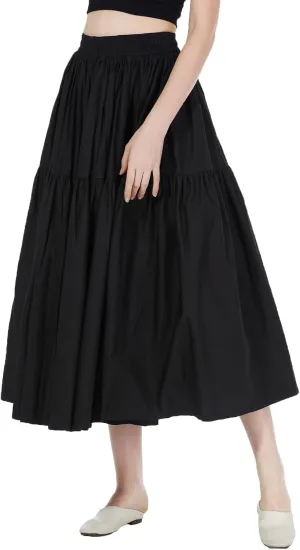 100% Cotton Women Skirt High Elastic Waist A-Line Vintage Puffy Pleated Skirt with 2 Pockets