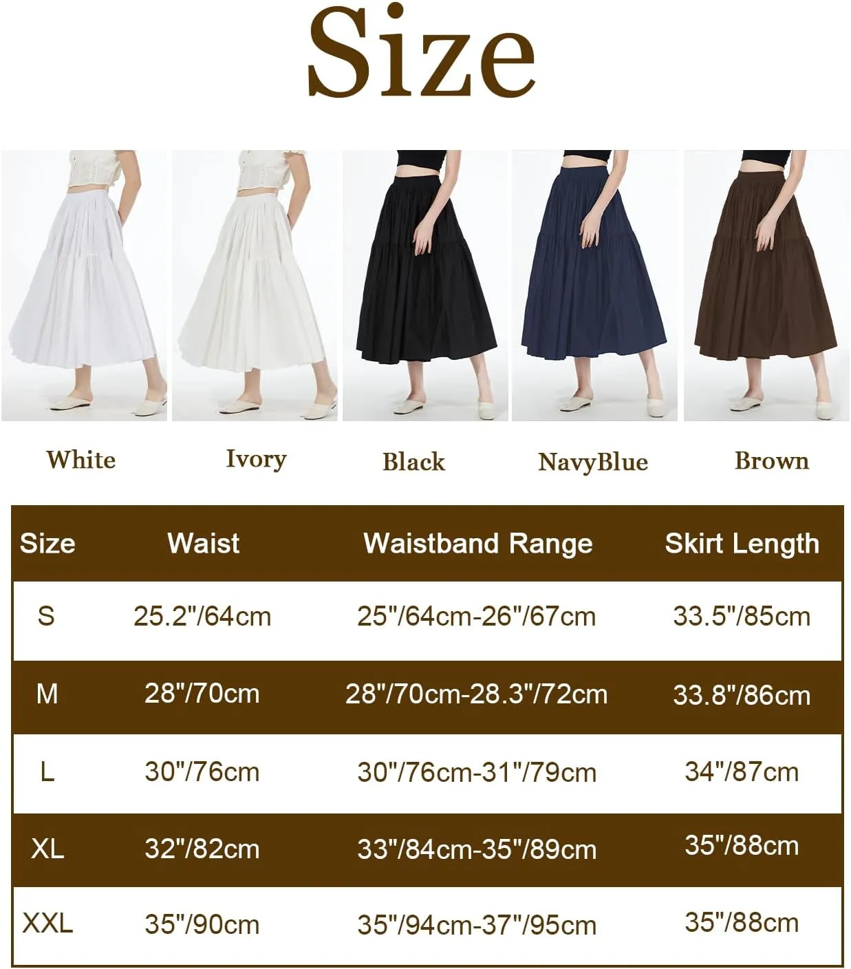 100% Cotton Women Skirt High Elastic Waist A-Line Vintage Puffy Pleated Skirt with 2 Pockets
