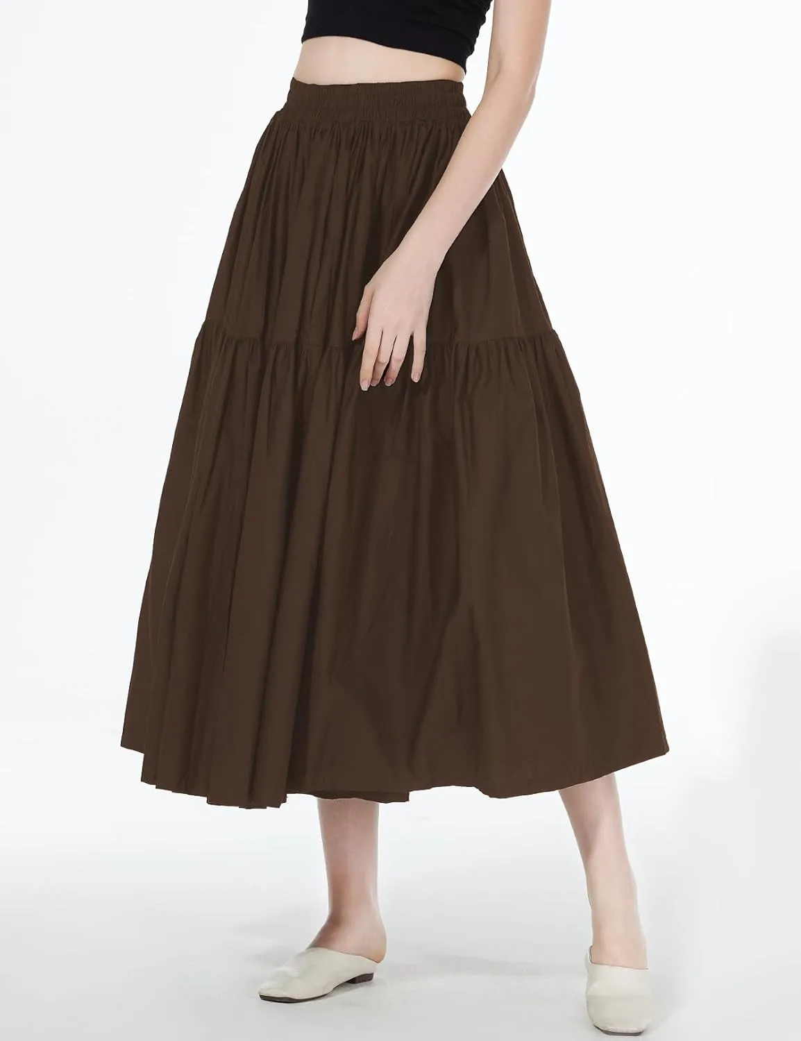 100% Cotton Women Skirt High Elastic Waist A-Line Vintage Puffy Pleated Skirt with 2 Pockets