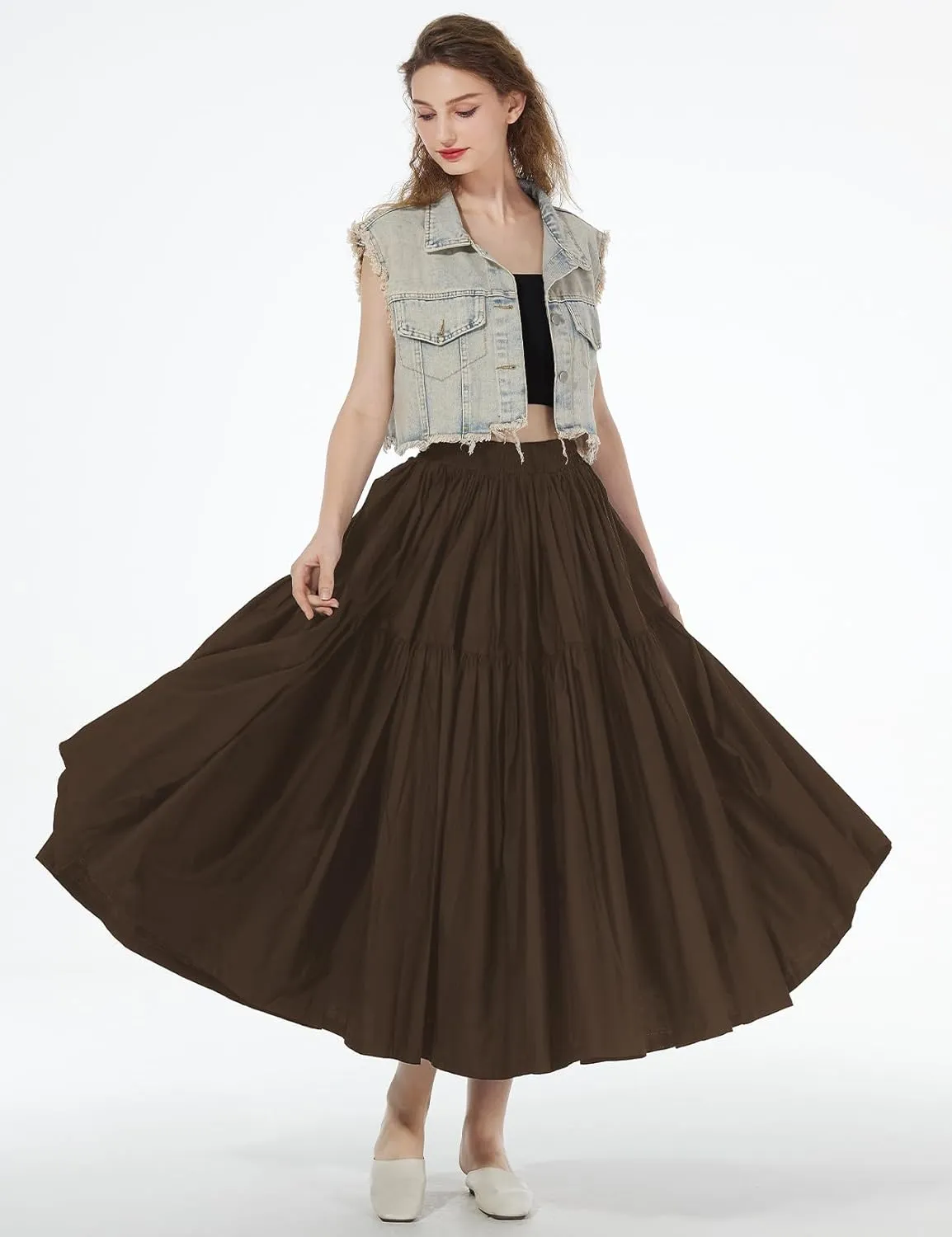100% Cotton Women Skirt High Elastic Waist A-Line Vintage Puffy Pleated Skirt with 2 Pockets