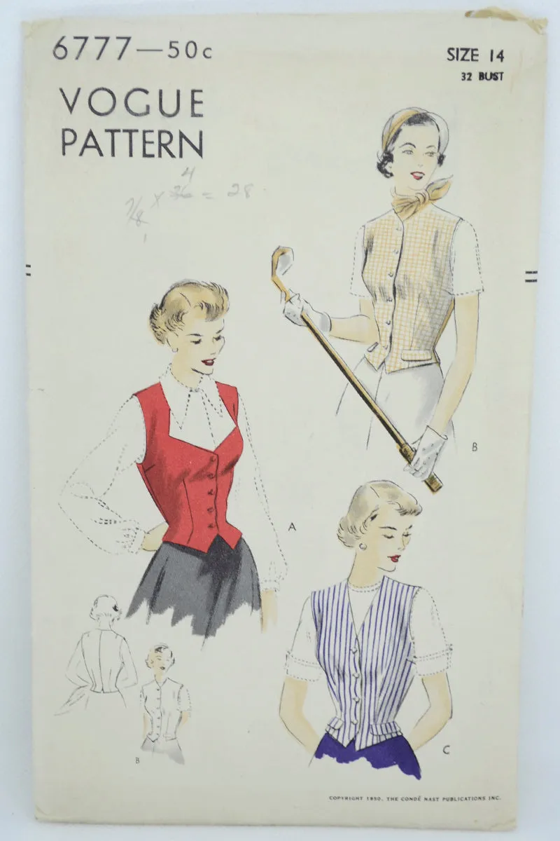 1949 Vogue 6777 vintage sewing pattern 3 Styles of Vests