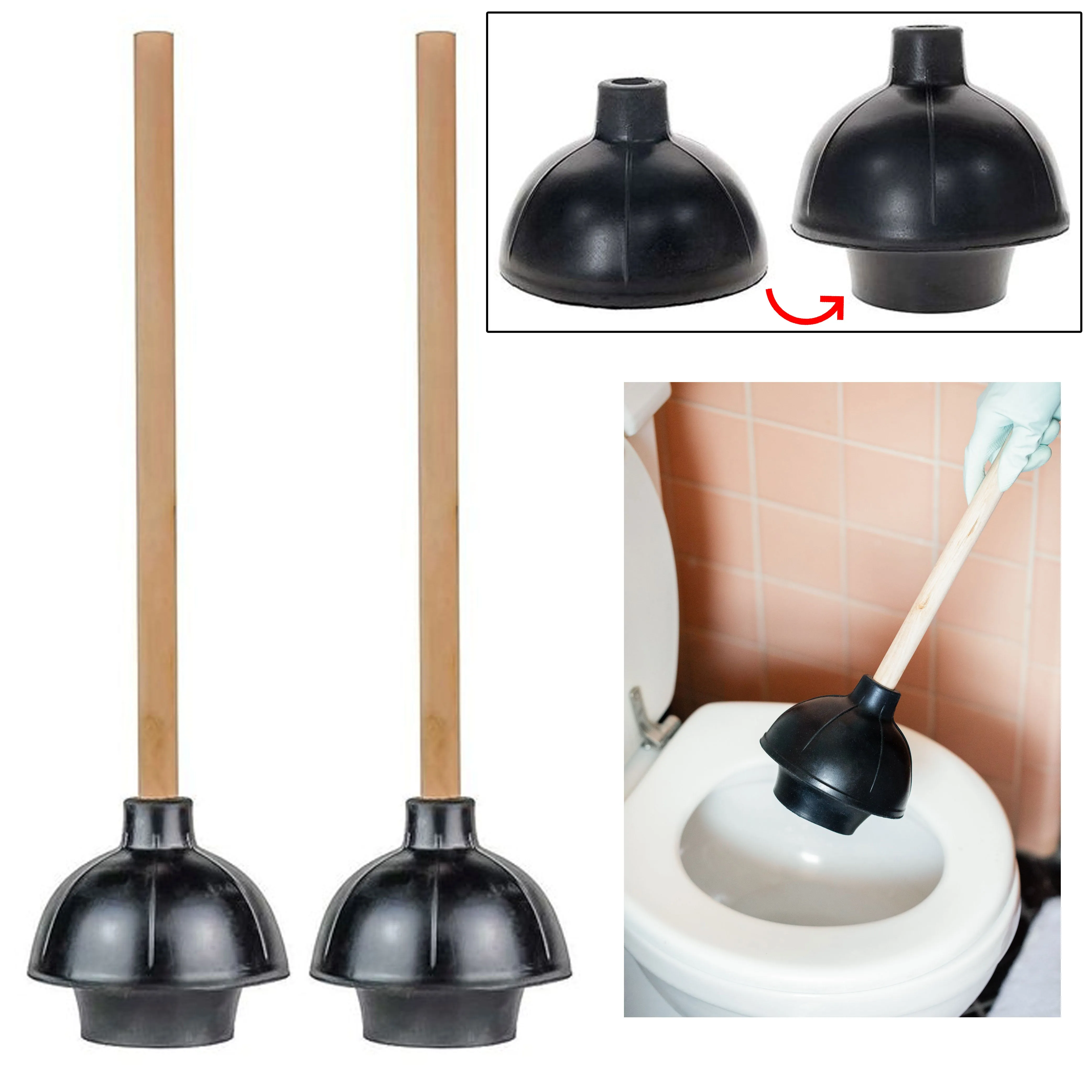 2 Heavy Duty Toilet Plunger 19" L Wooden Handle Double Layer Rubber Flange Pump