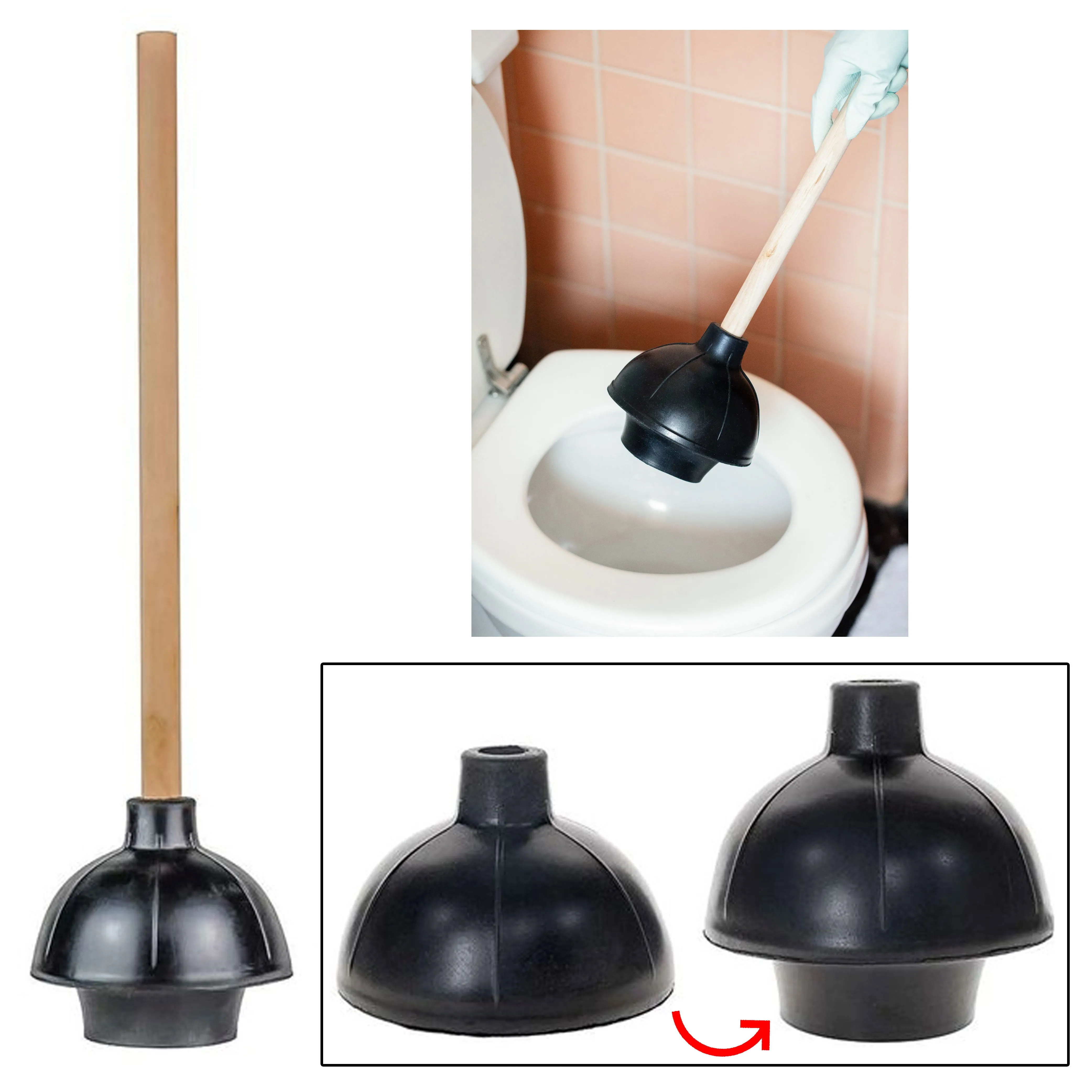2 Heavy Duty Toilet Plunger 19" L Wooden Handle Double Layer Rubber Flange Pump