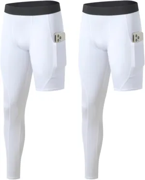 2 Pack Men's Compression Pants Single Leg Tight Sports Long Pants with Pockets for Basketball Base Layer Leggings