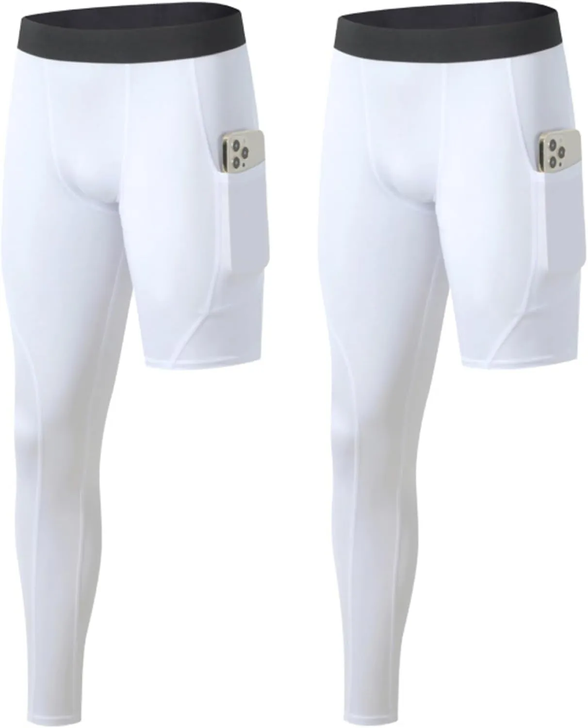 2 Pack Men's Compression Pants Single Leg Tight Sports Long Pants with Pockets for Basketball Base Layer Leggings