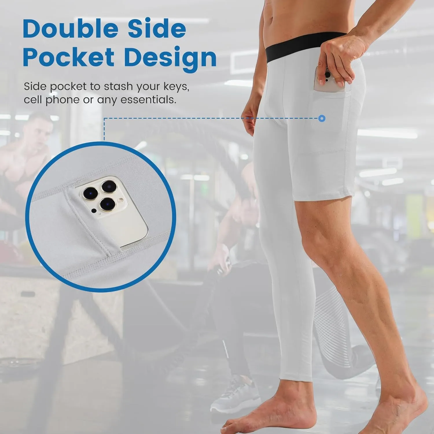 2 Pack Men's Compression Pants Single Leg Tight Sports Long Pants with Pockets for Basketball Base Layer Leggings