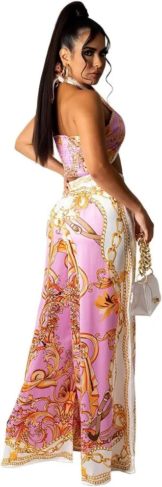 2 Piece Outfits for Women Summer Sleeveless Crop Tops Wide Leg Slit Pants Set Boho Floral Print Vacation Outfits