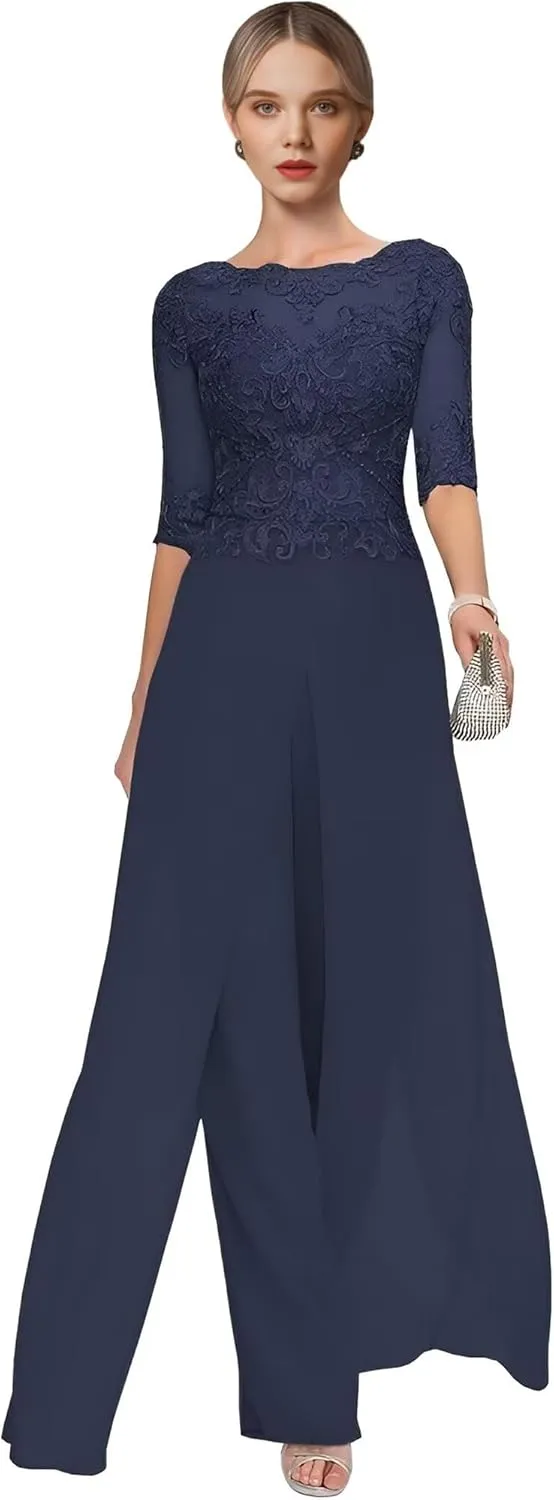 2 Pieces Mother of The Bride Pant Suits for Wedding Lace Chiffon Pantsuit for Women Dressy Casual