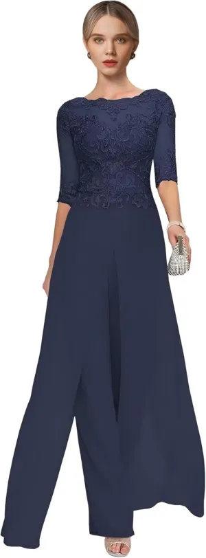 2 Pieces Mother of The Bride Pant Suits for Wedding Lace Chiffon Pantsuit for Women Dressy Casual