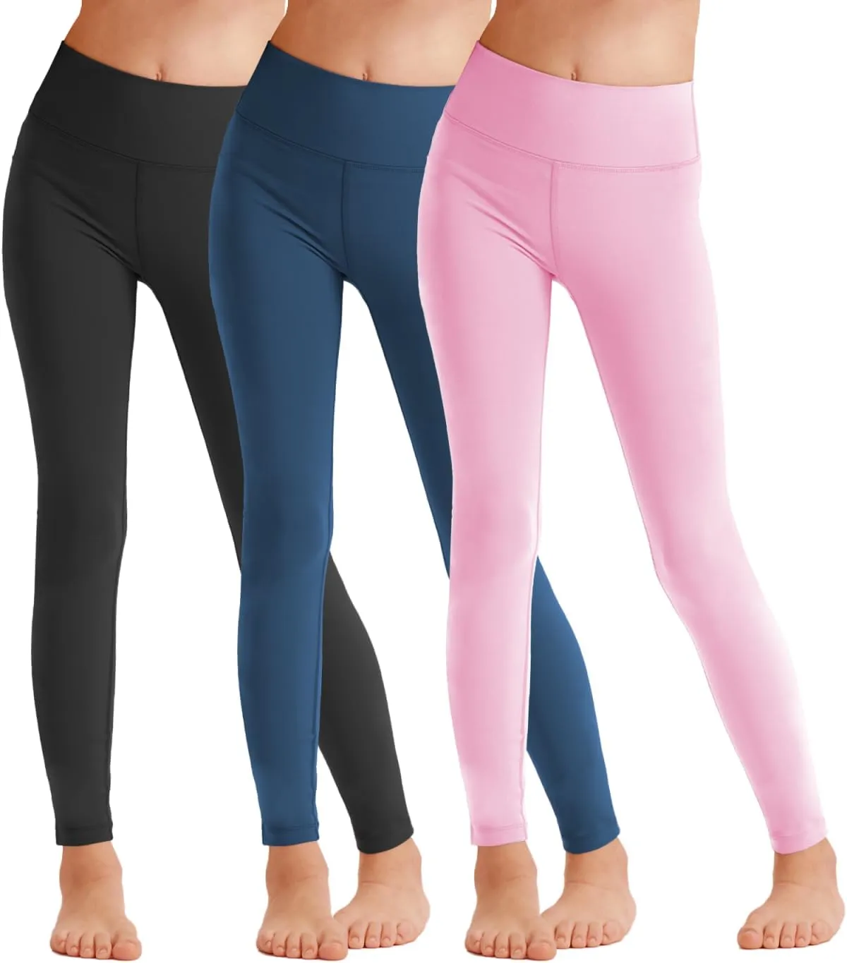 3 Pack Girls Athletic Ankle Length Black Leggings, White Yoga Pants for Kids