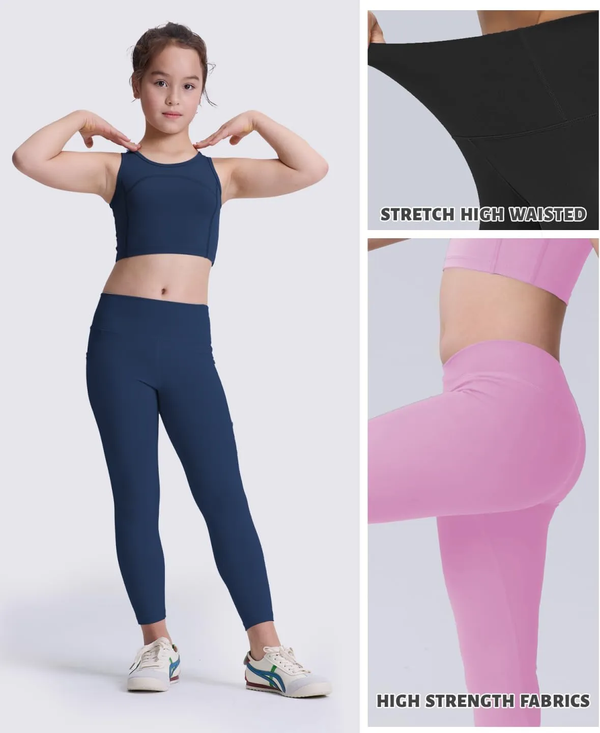 3 Pack Girls Athletic Ankle Length Black Leggings, White Yoga Pants for Kids