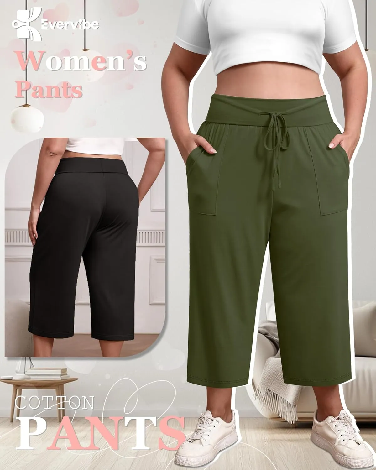 3 Pack Women's Plus Size Capri Pants, Cotton Drawstring Capris Sweatpants Casual Summer Cropped Pants with Pockets