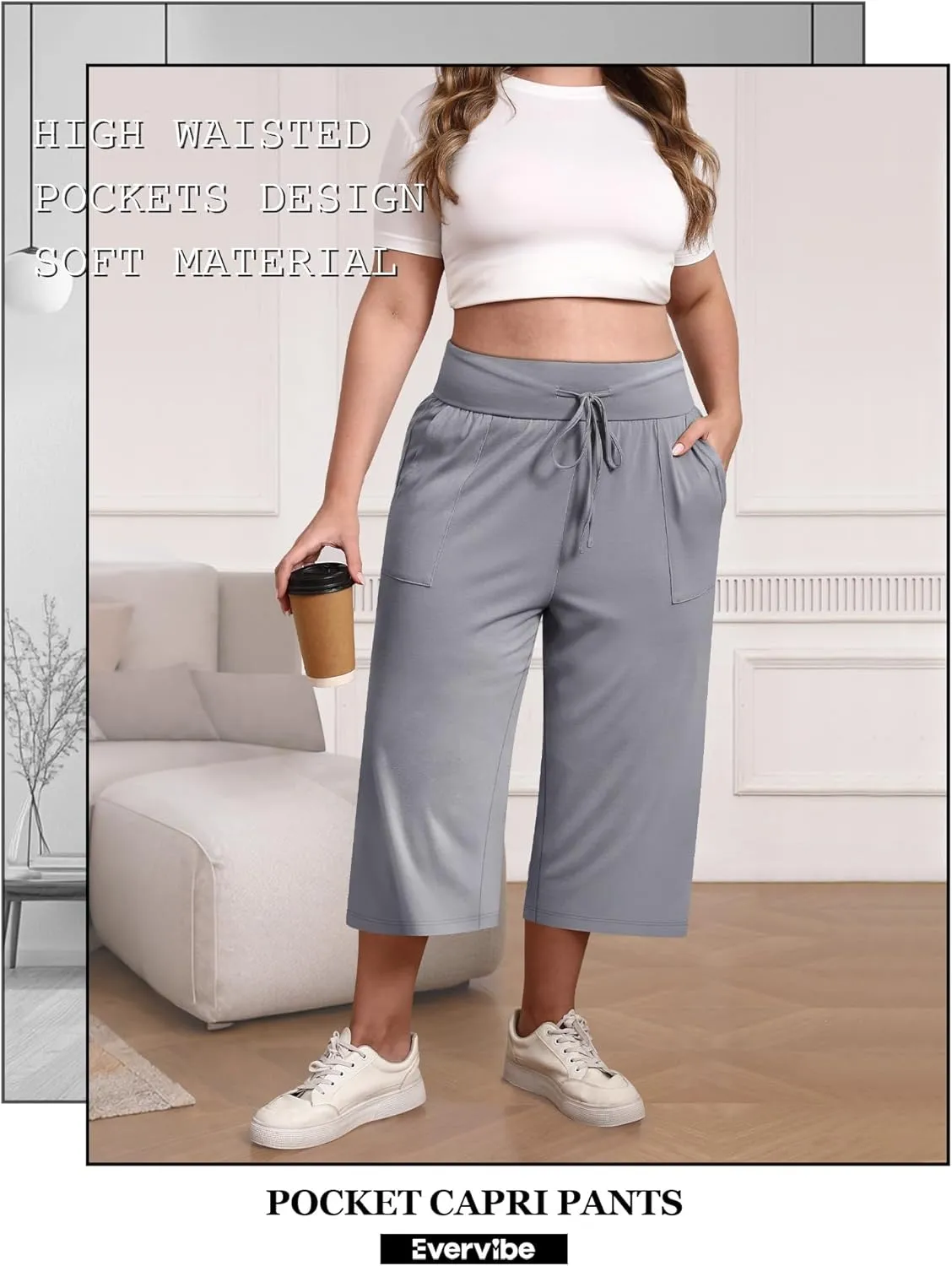 3 Pack Women's Plus Size Capri Pants, Cotton Drawstring Capris Sweatpants Casual Summer Cropped Pants with Pockets