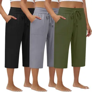 3 Pack Women's Plus Size Capri Pants, Cotton Drawstring Capris Sweatpants Casual Summer Cropped Pants with Pockets