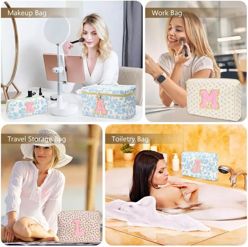 3 PCS Travel Makeup Bag Set, A-Z Initials Cotton Make up Bag Floral Quilted Cosmetic Bag for Girls and Women, Personalized Cute Toiletry Bag Travel Accessories Brushes Bag Blue - L