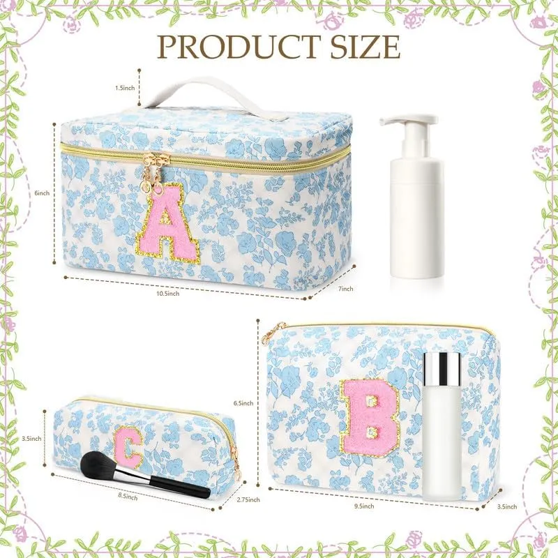 3 PCS Travel Makeup Bag Set, A-Z Initials Cotton Make up Bag Floral Quilted Cosmetic Bag for Girls and Women, Personalized Cute Toiletry Bag Travel Accessories Brushes Bag Blue - L
