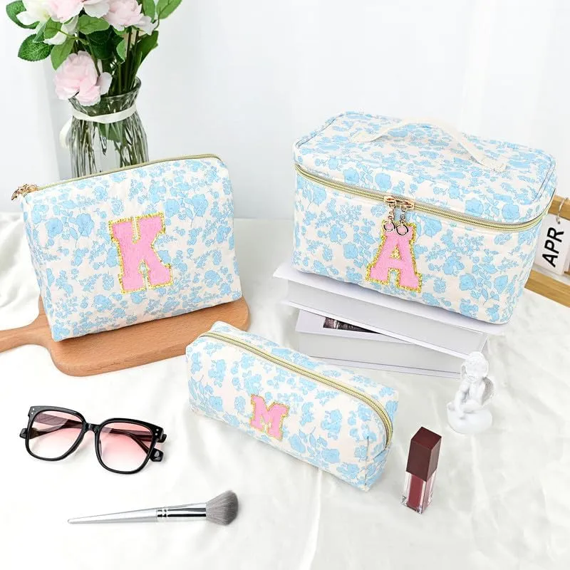 3 PCS Travel Makeup Bag Set, A-Z Initials Cotton Make up Bag Floral Quilted Cosmetic Bag for Girls and Women, Personalized Cute Toiletry Bag Travel Accessories Brushes Bag Blue - L