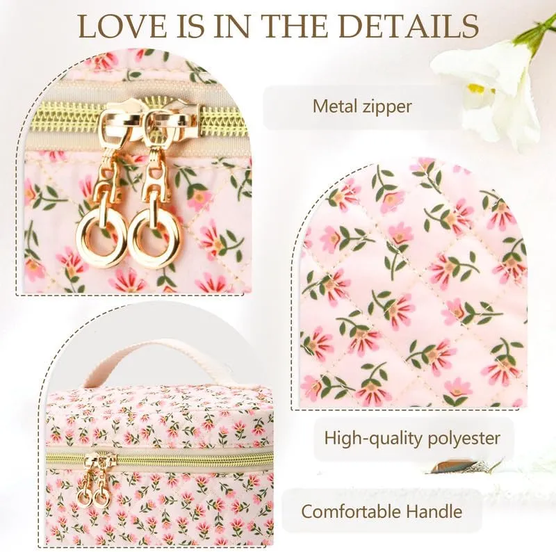 3 PCS Travel Makeup Bag Set, A-Z Initials Cotton Make up Bag Floral Quilted Cosmetic Bag for Girls and Women, Personalized Cute Toiletry Bag Travel Accessories Brushes Bag Blue - L