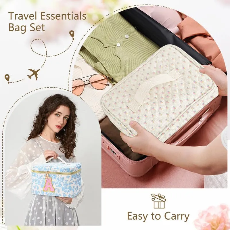 3 PCS Travel Makeup Bag Set, A-Z Initials Cotton Make up Bag Floral Quilted Cosmetic Bag for Girls and Women, Personalized Cute Toiletry Bag Travel Accessories Brushes Bag Blue - L