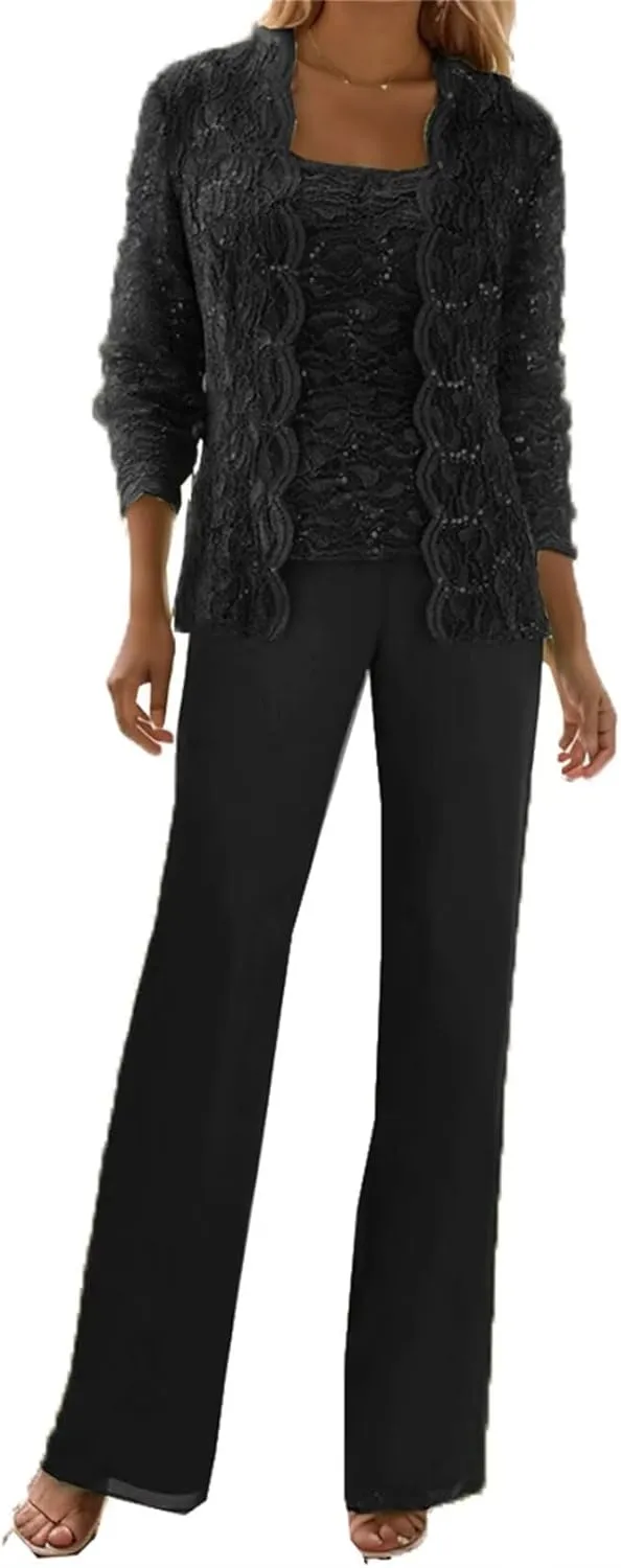 3 Piece Mother of The Bride Pant Suits for Wedding Guest Sequins Lace Outfits Formal Evneing Party Gowns with Jacket