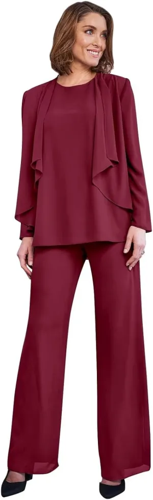 3 Pieces Classy Mother of The Bride Pant Suits with Jacket Long Sleeve Chiffon Pants Suits for Women Dressy