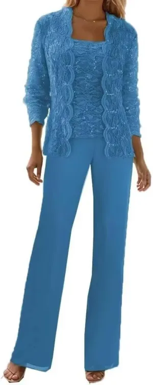 3 Pieces Mother of The Bride Pant Suits Formal Outfit Lace Chiffon Grandmother Wedding Guest Dresses