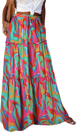 ADWAXDA Womens Boho Maxi Skirt, Floral Print Flowy High Waist Tiered Pleated Long Skirt with Pockets