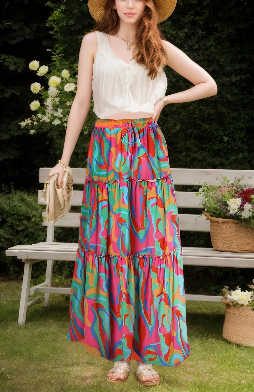 ADWAXDA Womens Boho Maxi Skirt, Floral Print Flowy High Waist Tiered Pleated Long Skirt with Pockets