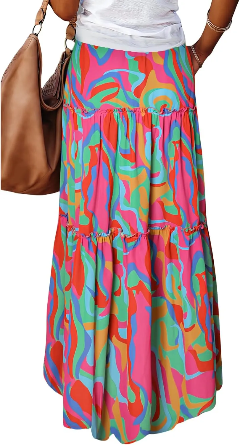 ADWAXDA Womens Boho Maxi Skirt, Floral Print Flowy High Waist Tiered Pleated Long Skirt with Pockets