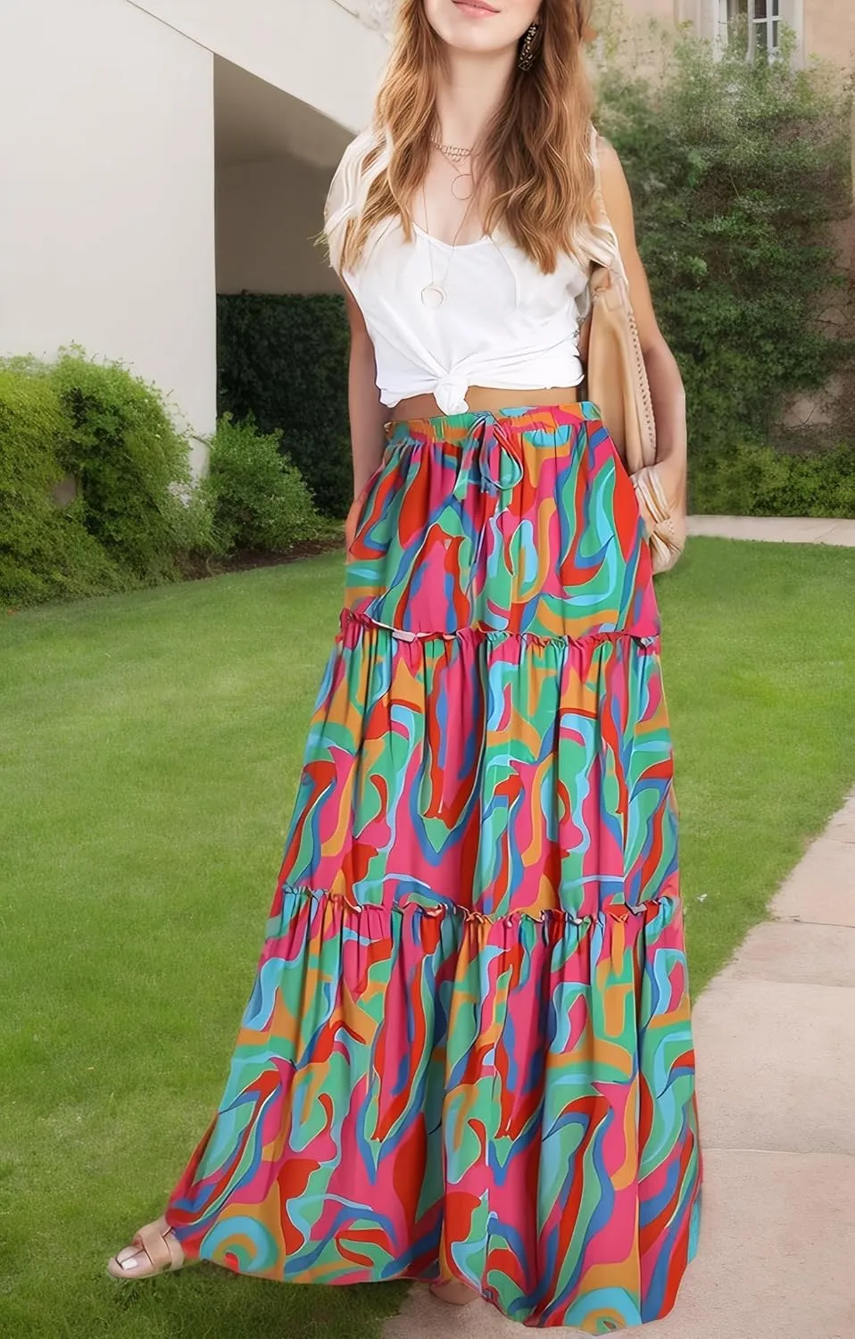 ADWAXDA Womens Boho Maxi Skirt, Floral Print Flowy High Waist Tiered Pleated Long Skirt with Pockets