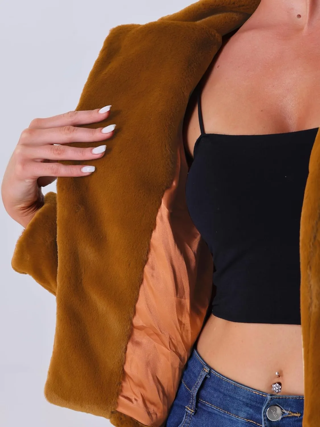 Allegra K Women's Cropped Faux Fur Jacket Lapel Cardigan Shrug 2024 Winter Fluffy Faux Fur Coat