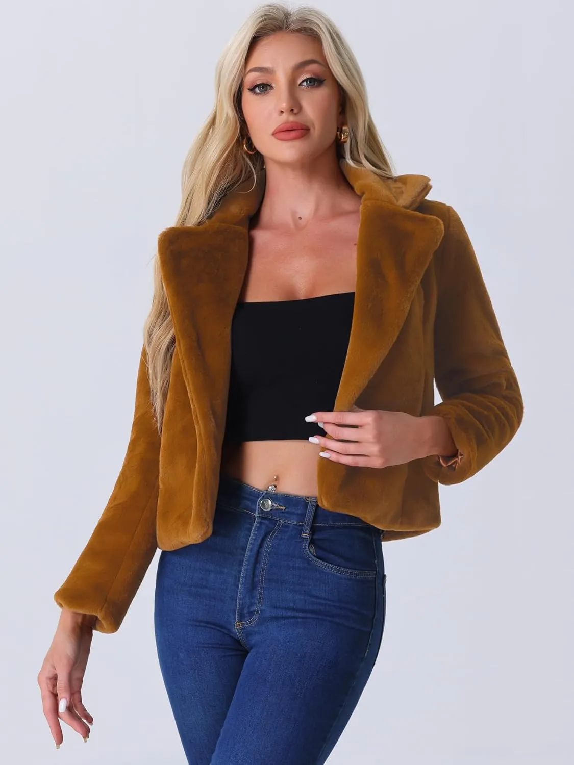 Allegra K Women's Cropped Faux Fur Jacket Lapel Cardigan Shrug 2024 Winter Fluffy Faux Fur Coat