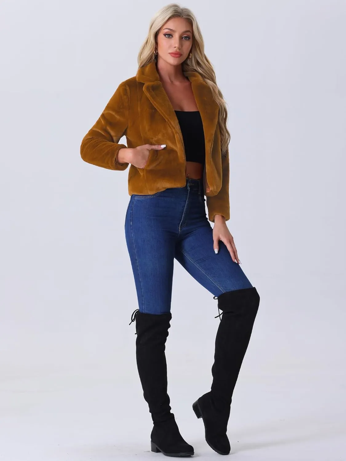 Allegra K Women's Cropped Faux Fur Jacket Lapel Cardigan Shrug 2024 Winter Fluffy Faux Fur Coat