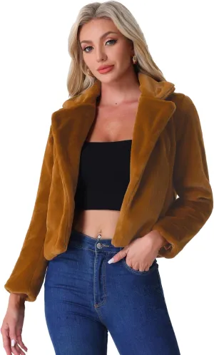 Allegra K Women's Cropped Faux Fur Jacket Lapel Cardigan Shrug 2024 Winter Fluffy Faux Fur Coat