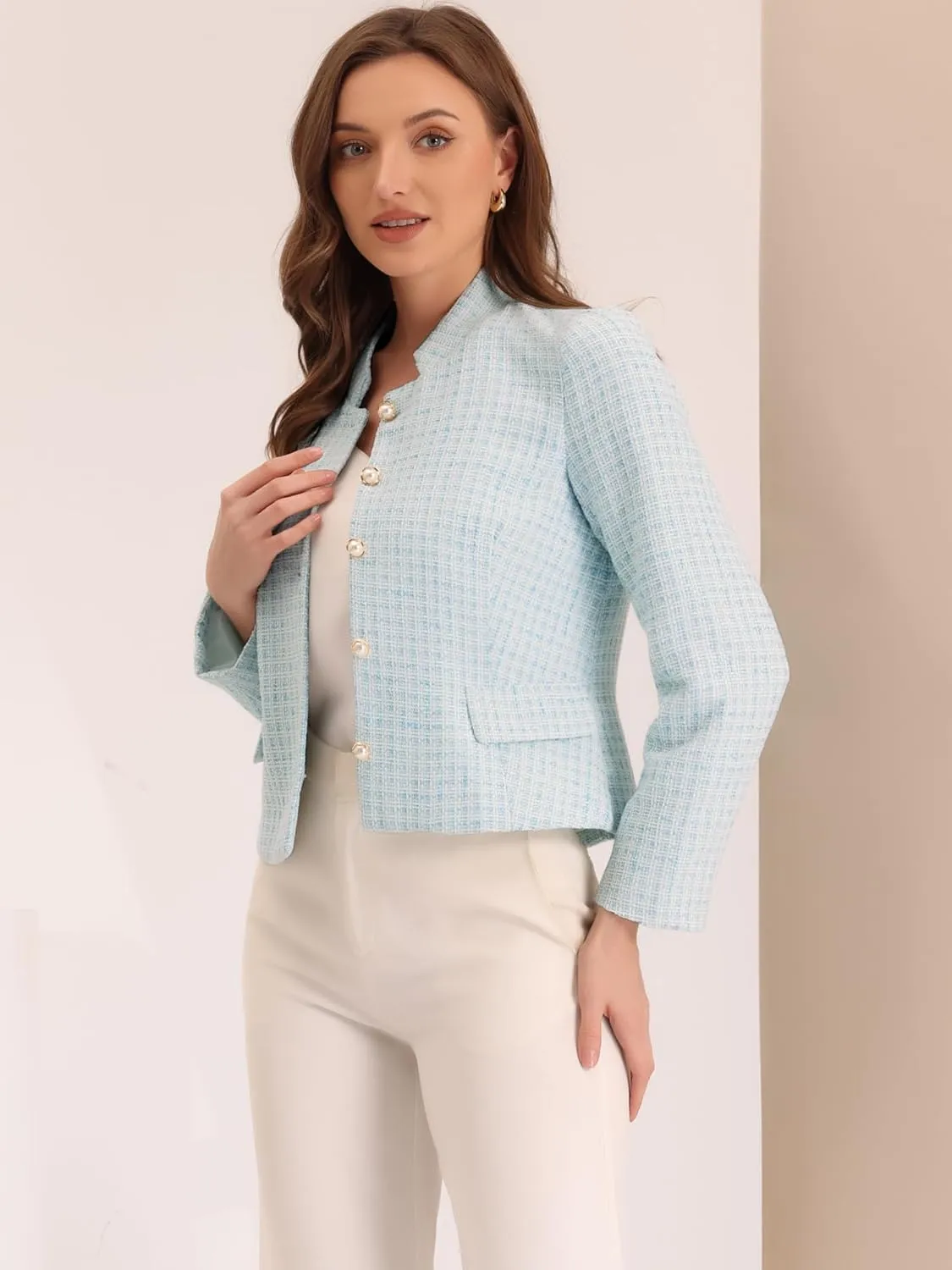 Allegra K Women's Plaid Tweed Blazer Long Sleeve Button Down Work Office Short Jacket