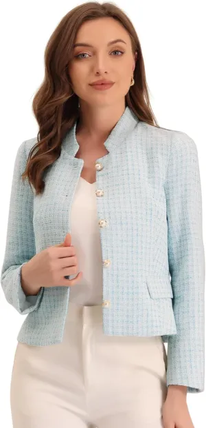 Allegra K Women's Plaid Tweed Blazer Long Sleeve Button Down Work Office Short Jacket