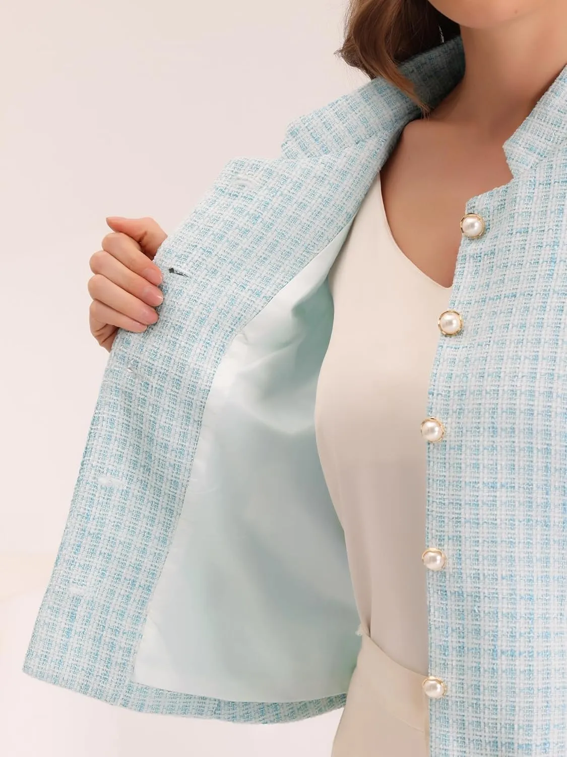 Allegra K Women's Plaid Tweed Blazer Long Sleeve Button Down Work Office Short Jacket