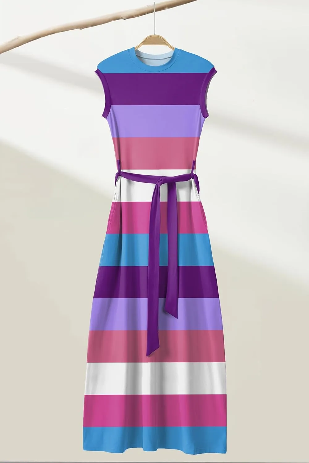 AOMONI Women Summer Casual Maxi Sleeveless Dress with Pockets High Waist Round Neck Tie Waist Striped Dresses