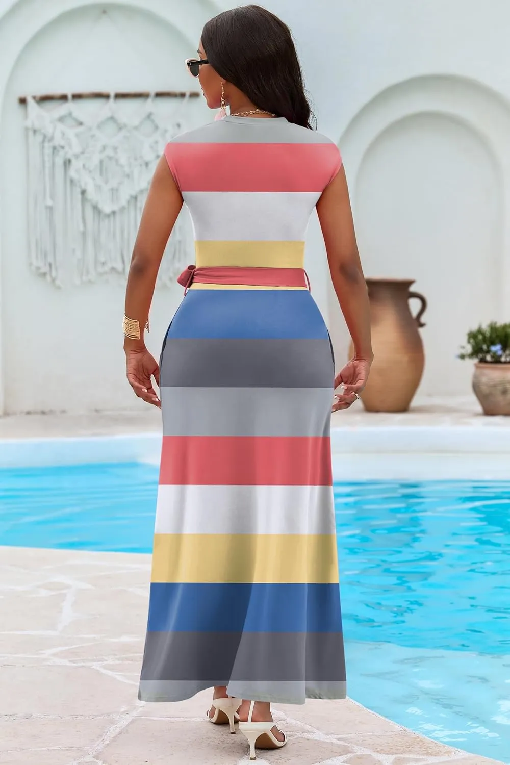 AOMONI Women Summer Casual Maxi Sleeveless Dress with Pockets High Waist Round Neck Tie Waist Striped Dresses