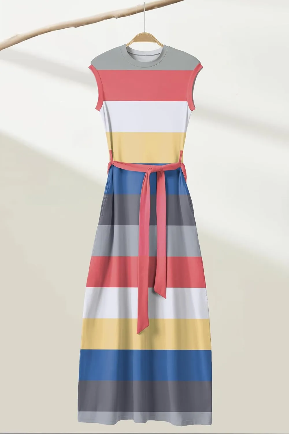 AOMONI Women Summer Casual Maxi Sleeveless Dress with Pockets High Waist Round Neck Tie Waist Striped Dresses