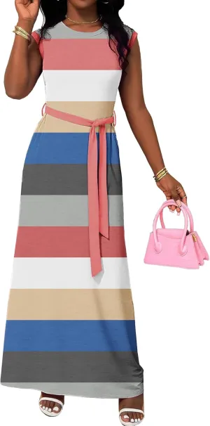AOMONI Women Summer Casual Maxi Sleeveless Dress with Pockets High Waist Round Neck Tie Waist Striped Dresses