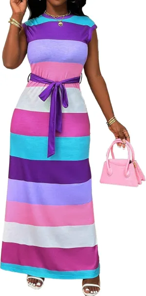 AOMONI Women Summer Casual Maxi Sleeveless Dress with Pockets High Waist Round Neck Tie Waist Striped Dresses