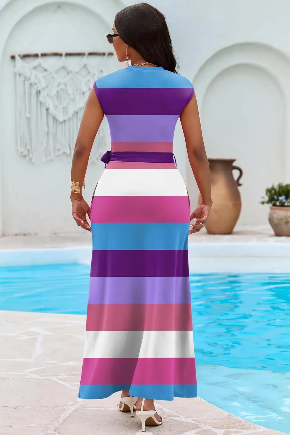 AOMONI Women Summer Casual Maxi Sleeveless Dress with Pockets High Waist Round Neck Tie Waist Striped Dresses
