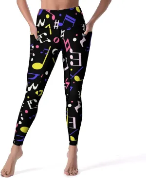 Athletic High Waist Yoga Pants Women's Workout Leggings with Pockets Exercise Tights White Music Notes Sports Trousers
